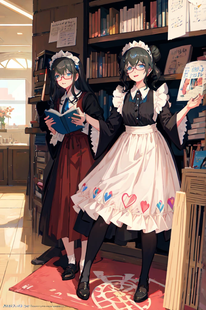 sagisawa fumika, One girl, Glasses, Maid, alone, Bookshelf, blue eyes, Black Hair, Alternative costume, Maid headdress, apron, enMaided, smile, Juliet Sleeve, dress, Long sleeve, Puff sleeves, Glassesをかけた, View your viewers, Book, Maid apron, single Hair Bun, chest, library, white apron, Hair Bun, indoor, blush, brooch, Frills, black dress, official Alternative costume, large chest, Long Hair, Side Lock, 丸いGlasses