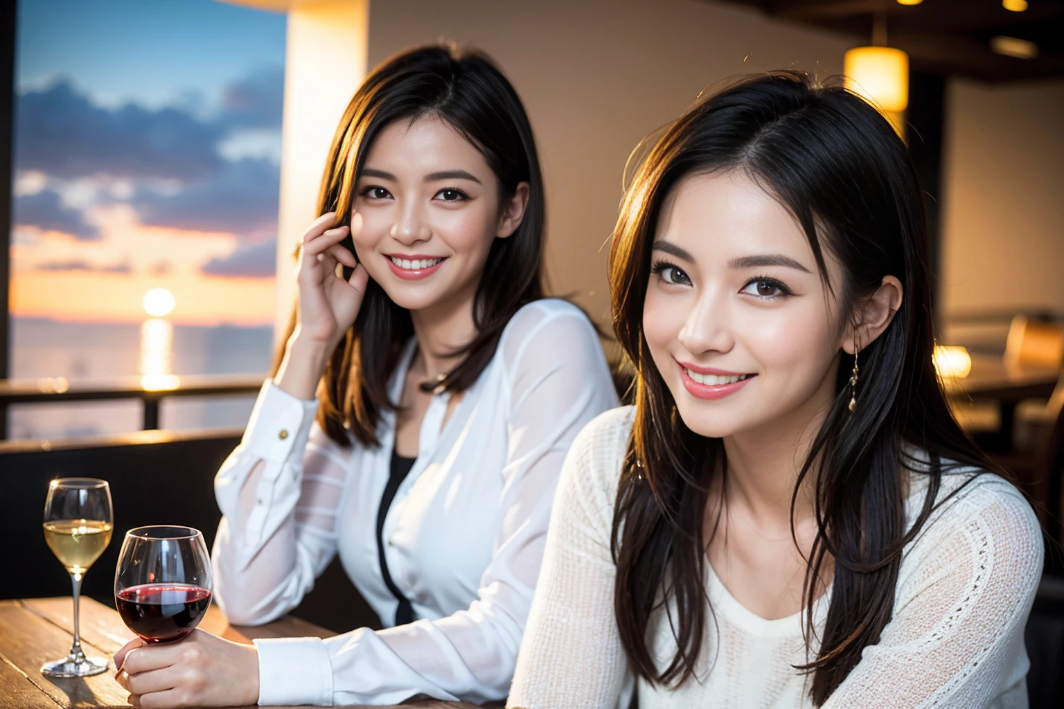 ((Highest quality、8K、masterpiece:1.3))、Shortcuts、cute、slimカップル、modelカップル、actress男優、(Realistic, Intricate details:1.2), full-course dinner、Wine Party、Amazing view of the sunset sky and clouds、A bright smile、short hair,Bright Face、 (Age 45), 42 years old, red wine 、Appetizers、Italian food、Wine bottle、Champagne、sparkling wine、Two beauties、Brown Hair、Shortcuts、Long sleeve shirt、dress、Beautiful woman 1, (slimな顔), (The body is slim), (Brown Hair), (Shortcuts), cheeks turn a little red,Attractive beauty、restaurant, In a prominent place (From the waist up) Nova Frog Style, actress, model, Upper Body, White wine, slim, wine glass, 中央に置かれたwine glass, smile, (smile: 1.15), Beautiful fine grain, Depth f/2,saturation, High Contrast, Strong light and shadow,Moist Body:1.5、3D texture、Delicate eyes、Brown Hair、The hair is very shiny、