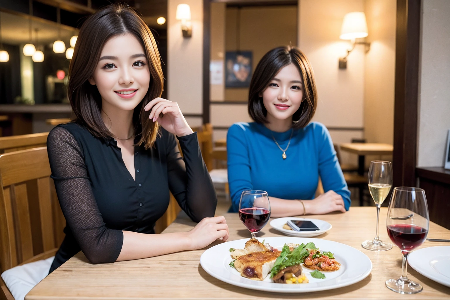 ((Highest quality、8K、masterpiece:1.3))、Shortcuts、cute、slimカップル、modelカップル、actress男優、(Realistic, Intricate details:1.2), full-course dinner、Wine Party、Amazing view of the sunset sky and clouds、A bright smile、short hair,Bright Face、 (Age 45), 42 years old, red wine 、Appetizers、Italian food、Wine bottle、Champagne、sparkling wine、Two beauties、Brown Hair、Shortcuts、Long sleeve shirt、dress、Beautiful woman 1, (slimな顔), (The body is slim), (Brown Hair), (Shortcuts), cheeks turn a little red,Attractive beauty、restaurant, In a prominent place (From the waist up) Nova Frog Style, actress, model, Upper Body, White wine, slim, wine glass, 中央に置かれたwine glass, smile, (smile: 1.15), Beautiful fine grain, Depth f/2,saturation, High Contrast, Strong light and shadow,Moist Body:1.5、3D texture、Delicate eyes、Brown Hair、The hair is very shiny、