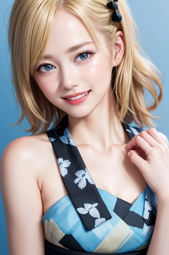 (Highest quality、8K、32k、masterpiece)、(RAW Photos)、(Realisticな)、(High resolution)、Very detailedな、Very beautiful face and eyes、One Girl、Round and small face、Delicate body、(close、Highest quality、Rich skin detail、Highest quality、8K)、Very detailed、(Realistic、Realistic:1.37)、Vibrant colors、(((Laughter)))、(((Blonde)))、(((Touch your chest with your right hand)))、(((smile)))、(((Bust Shot)))、(((White Background)))、((Medium Hair))、(((White wall background)))、(((blonde)))、(((All nude:1.3)))、(((Black and light blue yukata)))、(((White wall background)))、