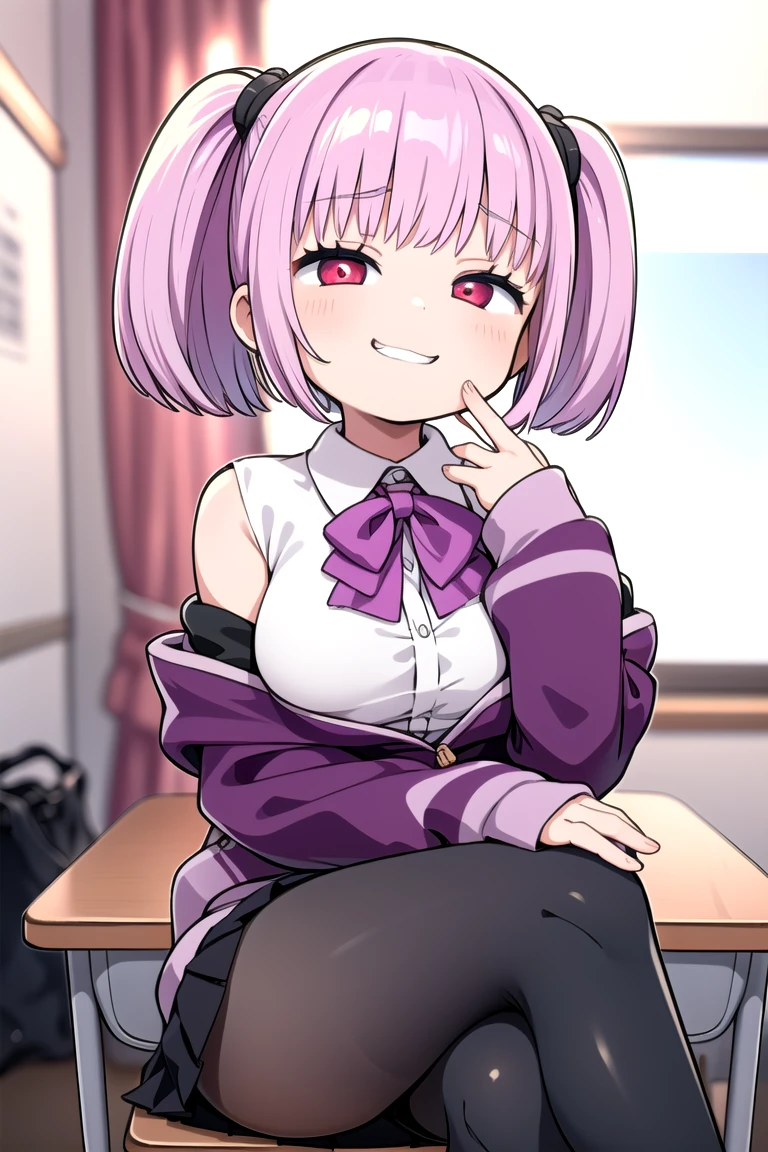 1girl, grin, :3, twintails, upper body, hand to own mouth, looking at viewer, half-closed eyes, hoodie, pink hair, blue eyes,Masterpiece, Best quality, A high resolution, Akane Shinjo, 1girll, Solo, Pantyhose, shirt, bow, Skirt, purple jacket, Jacket, White shirt, Long sleeves, Short hair, Black skirt, Collared shirt, Black pantyhose, Open clothes, neck bowtie, Purple bow, Breasts, bangs, Red eyes, Pleated skirt, cropped shoulders, Open jacket, sleeves past wrists, Light purple hair, Purple bow tie, Miniskirt, Cowboy shot, Classroom,((crossed legs)), boots,