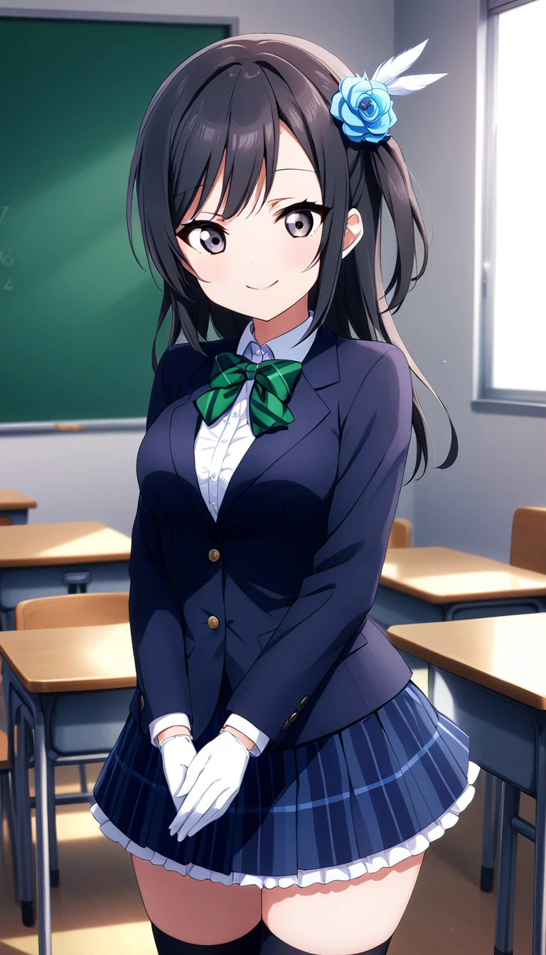 masterpiece, best quality, one side up, feather hair ornament, hair flower, white gloves, legwear, thighhighs, smile, (1girl), (solo), otonokizaka ,winter uniform, red striped bow tie, navy blue blazer, blue striped pleated skirt,from front, in classroom, standing,put hands on hip, BREAK score_9, score_8_up, score_7_up, score_6_up, source_anime 