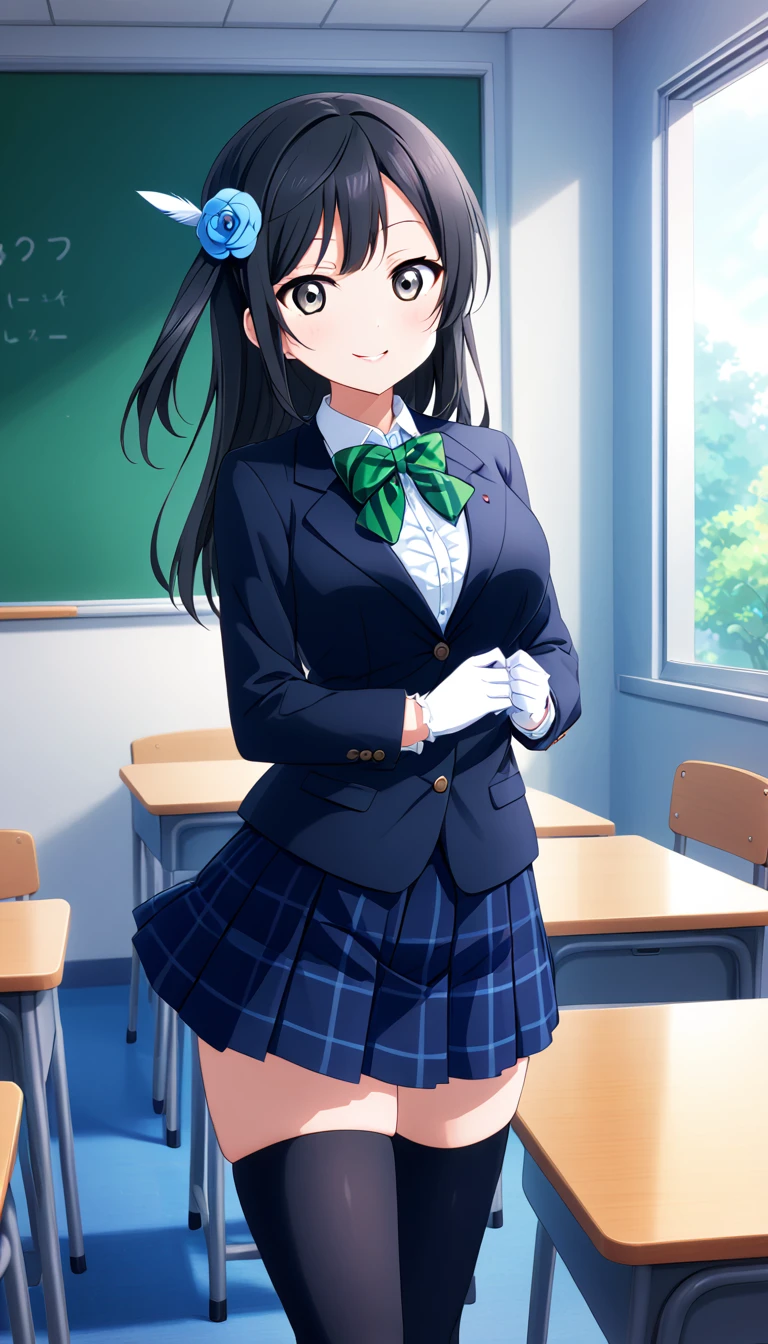 masterpiece, best quality, one side up, feather hair ornament, hair flower, white gloves, legwear, thighhighs, smile, (1girl), (solo), otonokizaka ,winter uniform, red striped bow tie, navy blue blazer, blue striped pleated skirt,from front, in classroom, standing,put hands on hip, BREAK score_9, score_8_up, score_7_up, score_6_up, source_anime 