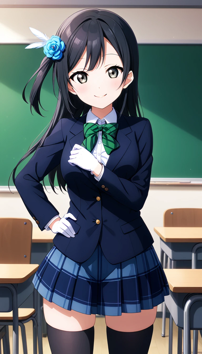 masterpiece, best quality, one side up, feather hair ornament, hair flower, white gloves, legwear, thighhighs, smile, (1girl), (solo), otonokizaka ,winter uniform, red striped bow tie, navy blue blazer, blue striped pleated skirt,from front, in classroom, standing,put hands on hip, BREAK score_9, score_8_up, score_7_up, score_6_up, source_anime 