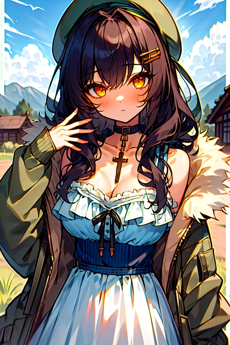 (masterpiece:1.2), (high quality:1.2), girls with((1girl, solo, black hair, yellow eyes, (wavy long hair, millitary beret, hairclips:1.3), blush, breasts, choker, cleavage, coat, cowboy shot, blue lace dress, camisole, ribbon waist belt, black ribbon belt, red bow, red ribbon, neck ribbon, collar, collarbone, rosary, rosary choker, cross, fur, fur trim, parka, khaki hoodie, green hoodie, khaki jacket, hood down, hooded coat, hooded jacket, hoodie, jacket, large breasts, long sleeves, medium breasts, open clothes, open coat,open hoodie, sleeveless, winter clothes, zipper, cleavage, upper body, hand up, waving, palm)), background with((architecture, blue sky, bush, castle, village, no humans, cloud, cloudy sky, day, field, garden, grass, hill, house, lamppost, landscape, mountain, mountainous horizon, nature, no humans, outdoors, scenery, shrine, sky))