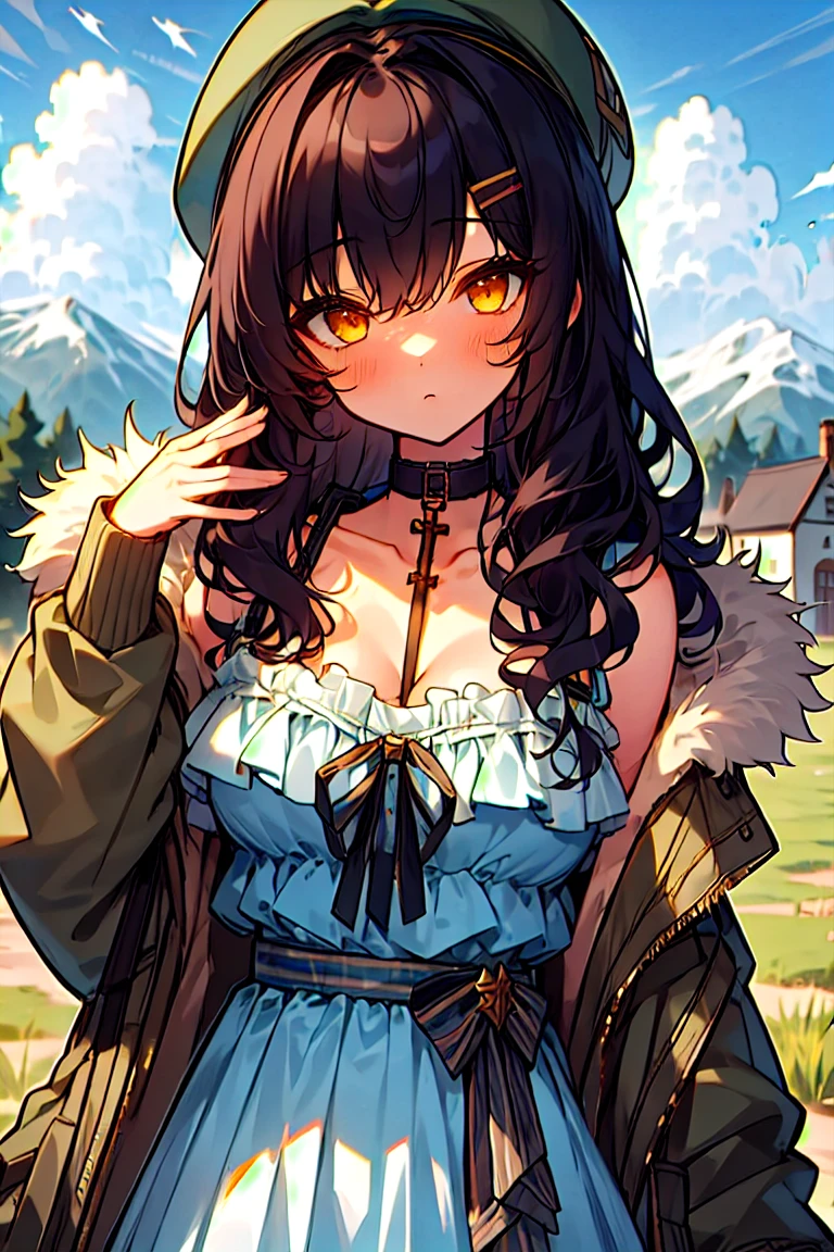 (masterpiece:1.2), (high quality:1.2), girls with((1girl, solo, black hair, yellow eyes, (wavy long hair, millitary beret, hairclips:1.3), blush, breasts, choker, cleavage, coat, cowboy shot, blue lace dress, camisole, ribbon waist belt, black ribbon belt, red bow, red ribbon, neck ribbon, collar, collarbone, rosary, rosary choker, cross, fur, fur trim, parka, khaki hoodie, green hoodie, khaki jacket, hood down, hooded coat, hooded jacket, hoodie, jacket, large breasts, long sleeves, medium breasts, open clothes, open coat,open hoodie, sleeveless, winter clothes, zipper, cleavage, upper body, hand up, waving, palm)), background with((architecture, blue sky, bush, castle, village, no humans, cloud, cloudy sky, day, field, garden, grass, hill, house, lamppost, landscape, mountain, mountainous horizon, nature, no humans, outdoors, scenery, shrine, sky))