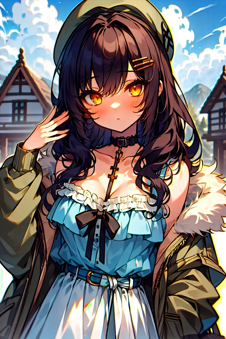 (masterpiece:1.2), (high quality:1.2), girls with((1girl, solo, black hair, yellow eyes, (wavy long hair, millitary beret, hairclips:1.3), blush, breasts, choker, cleavage, coat, cowboy shot, blue lace dress, camisole, ribbon waist belt, black ribbon belt, red bow, red ribbon, neck ribbon, collar, collarbone, rosary, rosary choker, cross, fur, fur trim, parka, khaki hoodie, green hoodie, khaki jacket, hood down, hooded coat, hooded jacket, hoodie, jacket, large breasts, long sleeves, medium breasts, open clothes, open coat,open hoodie, sleeveless, winter clothes, zipper, cleavage, upper body, hand up, waving, palm)), background with((architecture, blue sky, bush, castle, village, no humans, cloud, cloudy sky, day, field, garden, grass, hill, house, lamppost, landscape, mountain, mountainous horizon, nature, no humans, outdoors, scenery, shrine, sky))