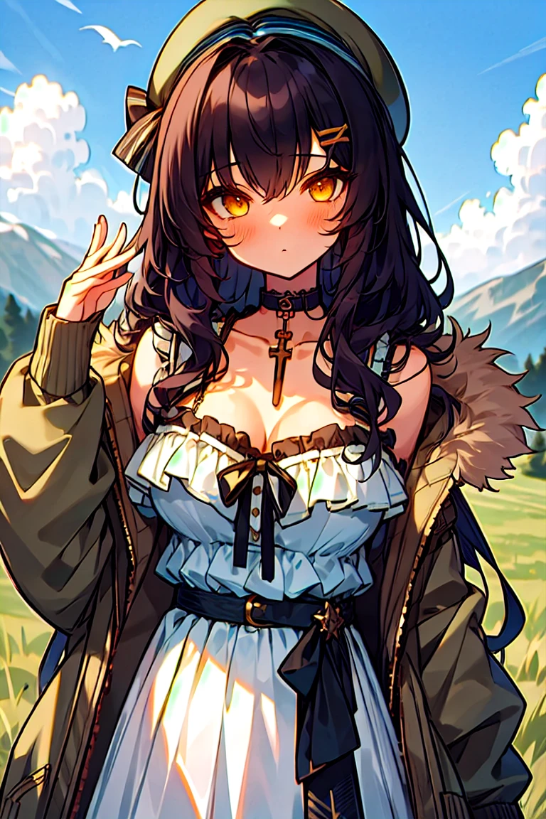 (masterpiece:1.2), (high quality:1.2), girls with((1girl, solo, black hair, yellow eyes, (wavy long hair, millitary beret, hairclips:1.3), blush, breasts, choker, cleavage, coat, cowboy shot, blue lace dress, camisole, ribbon waist belt, black ribbon belt, red bow, red ribbon, neck ribbon, collar, collarbone, rosary, rosary choker, cross, fur, fur trim, parka, khaki hoodie, green hoodie, khaki jacket, hood down, hooded coat, hooded jacket, hoodie, jacket, large breasts, long sleeves, medium breasts, open clothes, open coat,open hoodie, sleeveless, winter clothes, zipper, cleavage, upper body, hand up, waving, palm)), background with((architecture, blue sky, bush, castle, village, no humans, cloud, cloudy sky, day, field, garden, grass, hill, house, lamppost, landscape, mountain, mountainous horizon, nature, no humans, outdoors, scenery, shrine, sky))