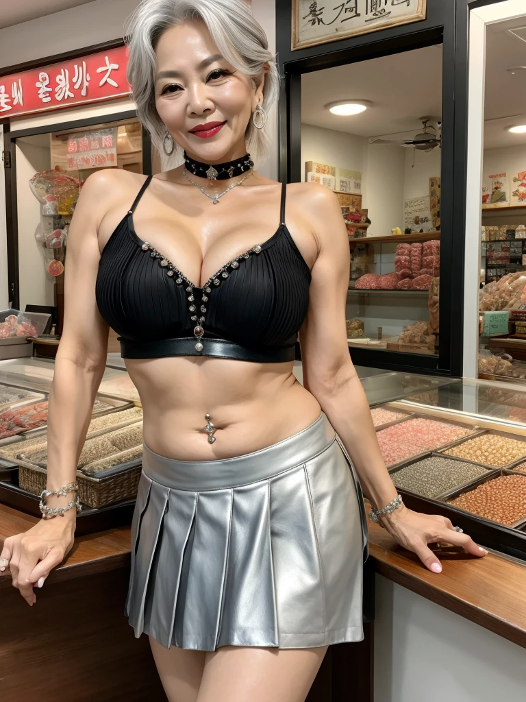 60 years old mom milf Korean, Lady large earring Big choker navel piercing decoration A bracelet Silver Hair realisitic Gorgeous Madame Beautiful Mature Woman sexly Smile Gentle woman navel piercing 4K High quality fish shop Fish Market sale Black leather pleated skirt