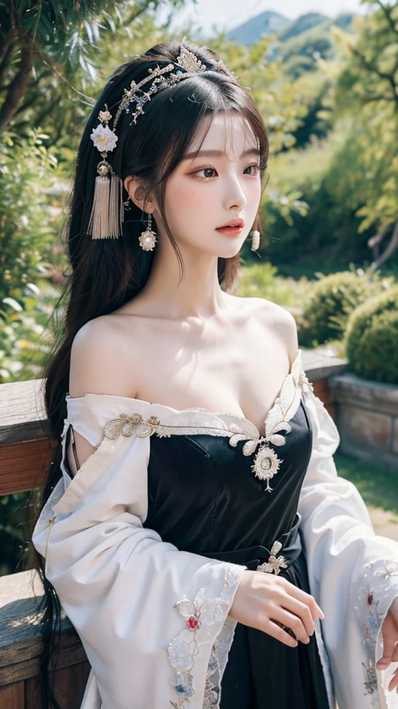 source_photo, realistic, nsfw, ruanyi0766, A portrait of a graceful Chinese maiden clad in an elegant Hanfu from the Northern and Southern Dynasties. The Hanfu's black dress boasts an off-shoulder neckline and flowing wide sleeves, complemented by exquisite jewelry. The backdrop showcases a picturesque ancient Chinese landscape.