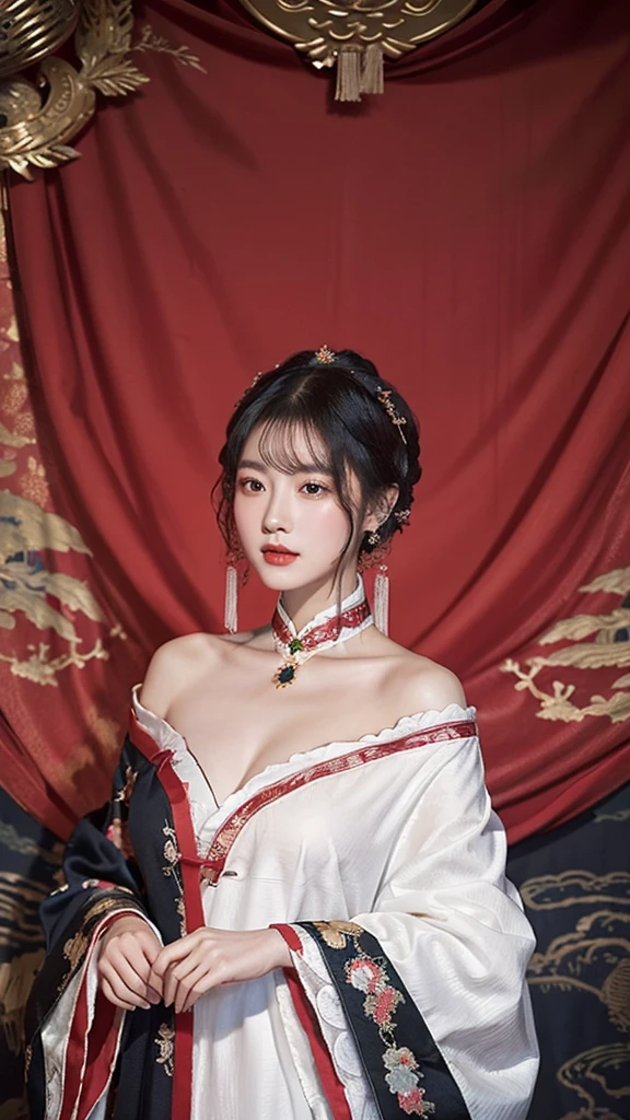 source_photo, realistic, nsfw, ruanyi0766, A portrait of a graceful Chinese maiden clad in an elegant Hanfu from the Northern and Southern Dynasties. The Hanfu's black dress boasts an off-shoulder neckline and flowing wide sleeves, complemented by exquisite jewelry. The backdrop showcases a picturesque ancient Chinese landscape.