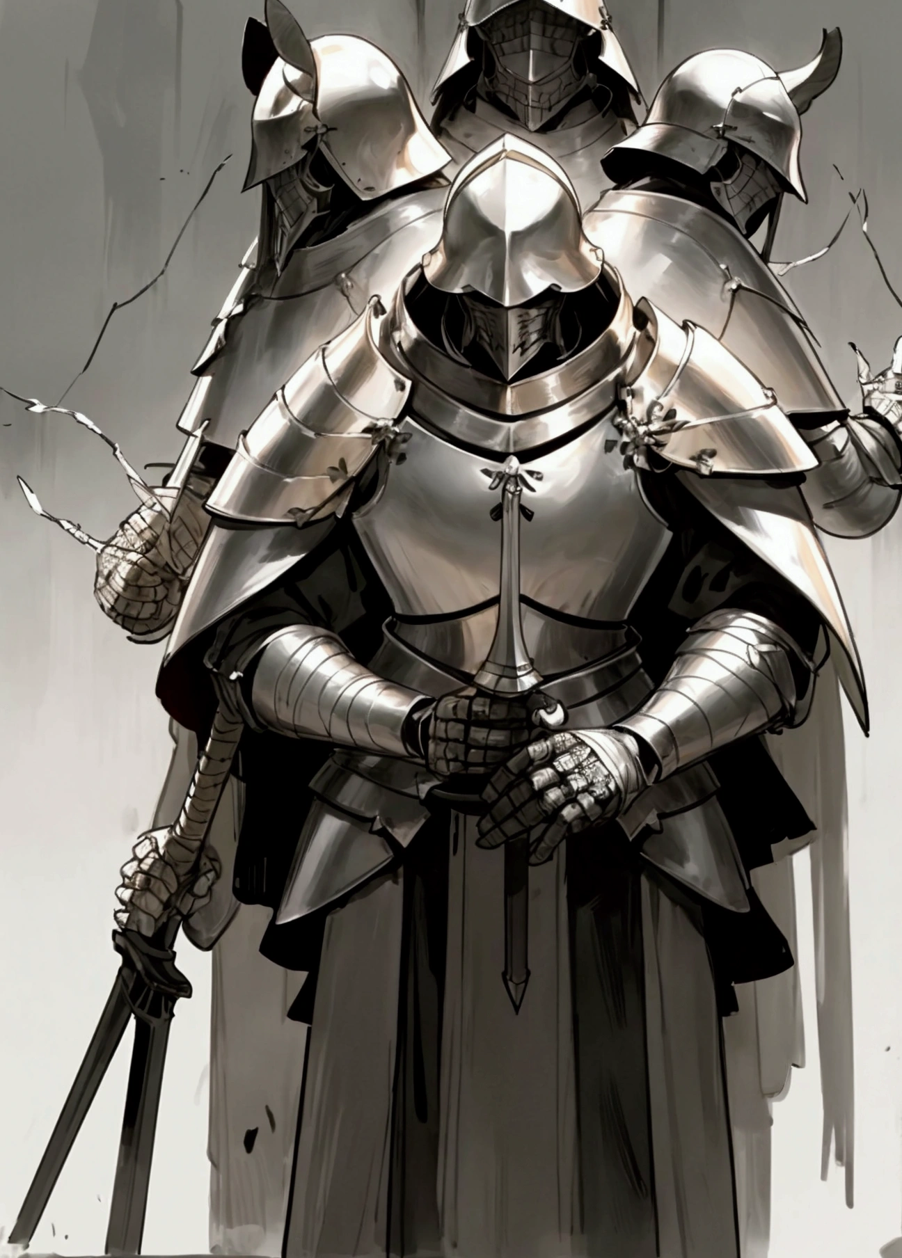 elden ring, dark souls, concept art sheet, items, weapons: Male tungsten armored knights that burn their outer skin because they feel that they are not worthy enough to have such pristine skin as their superiors. They are all covered in bandages and bear circular splints to support their weak bones. The soldiers helmets are filled with a heated wet tree sap and beeswax mix before their heads are dunked and lowered into the helmets. On top of their heads and faces being scorched, the beeswax and tree sap traps heat inside of the tungsten armor. Due to the unnatural shape of the helmets, the soldiers end up having to be forced inside, causing immense pain and eventually morphing the face of the teenage soldiers to the shape of the helmet since their traditions require them to never take the armor off.