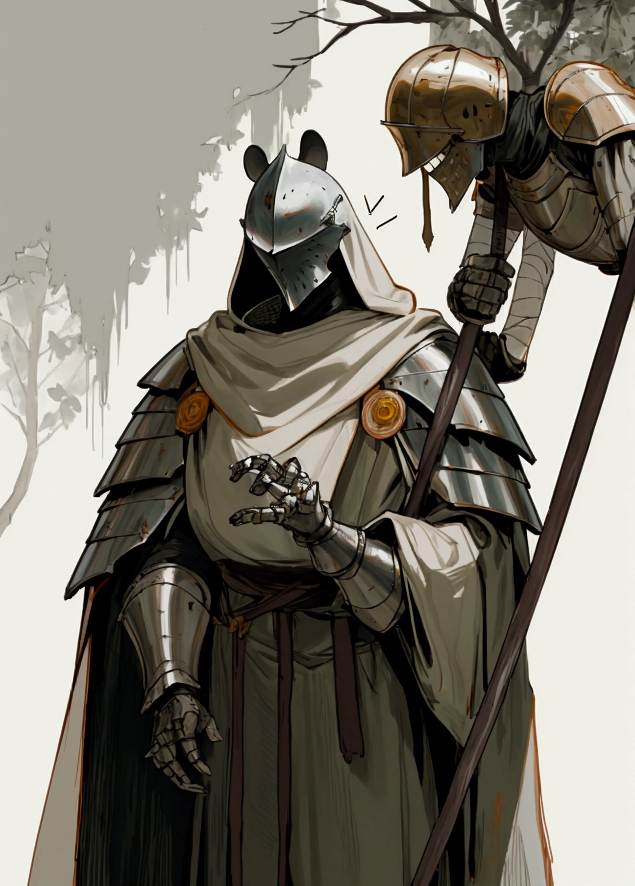 elden ring, dark souls, concept art sheet, items, weapons: Male tungsten armored knights that burn their outer skin because they feel that they are not worthy enough to have such pristine skin as their superiors. They are all covered in bandages and bear circular splints to support their weak bones. The soldiers helmets are filled with a heated wet tree sap and beeswax mix before their heads are dunked and lowered into the helmets. On top of their heads and faces being scorched, the beeswax and tree sap traps heat inside of the tungsten armor. Due to the unnatural shape of the helmets, the soldiers end up having to be forced inside, causing immense pain and eventually morphing the face of the age soldiers to the shape of the helmet since their traditions require them to never take the armor off.