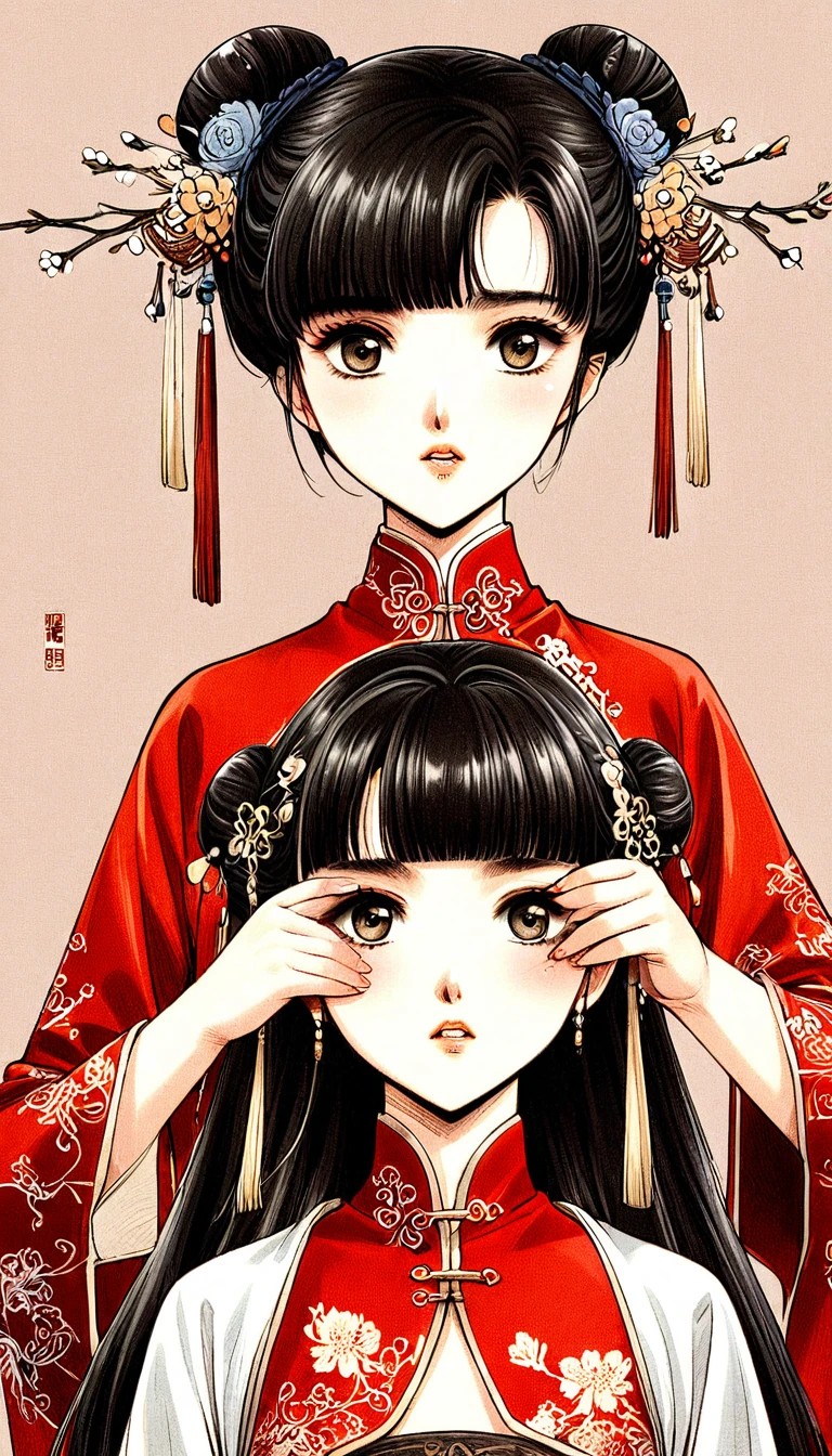 Period drama manga style　A -yeld su beautiful Chinese girl with black hair in a bun cut(1 person)　She is wearing a royal long-sleeved Chinese dress　She has exposed nipples　