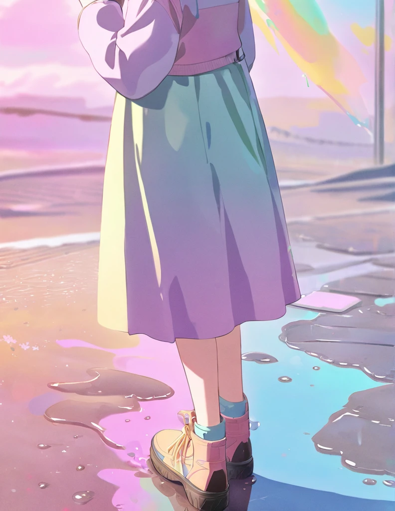 (Anime Style:1.4),A soft touch to painting、超High resolution, Attention to detail, high quality, High resolution, 最high quality, 4K, 8K,Road after the rain、Puddle and girl、Pastel color effect