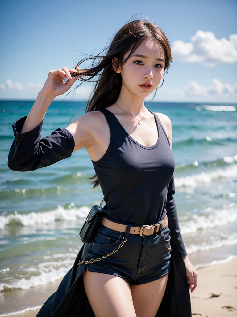 Photorealistic, high fidelity, RTX. A girl, looking like Jennifer Lawrence from the Hunger Games, turned to the back, behind shot, with a crossbow and arrows, strolls along a serene beach. The crashing waves and golden sand create a picturesque scene as she remains alert and ready for any challenge. Her stylish outfit and energetic pose reflect her adventurous spirit and passion for the ocean.