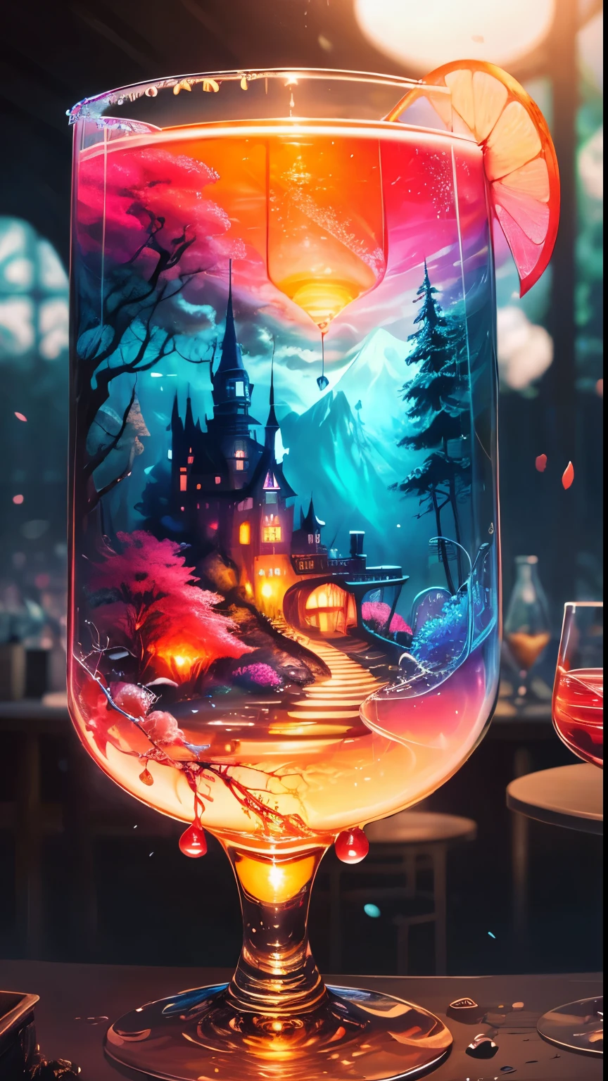Cocktail World, colorful, No humans, scenery, Secret treasure in the castle, forest, Depth of written boundary , ((Blurred Background)),
masterpiece, Highest quality, Super detailed, Concept Art, Realistic, delicious