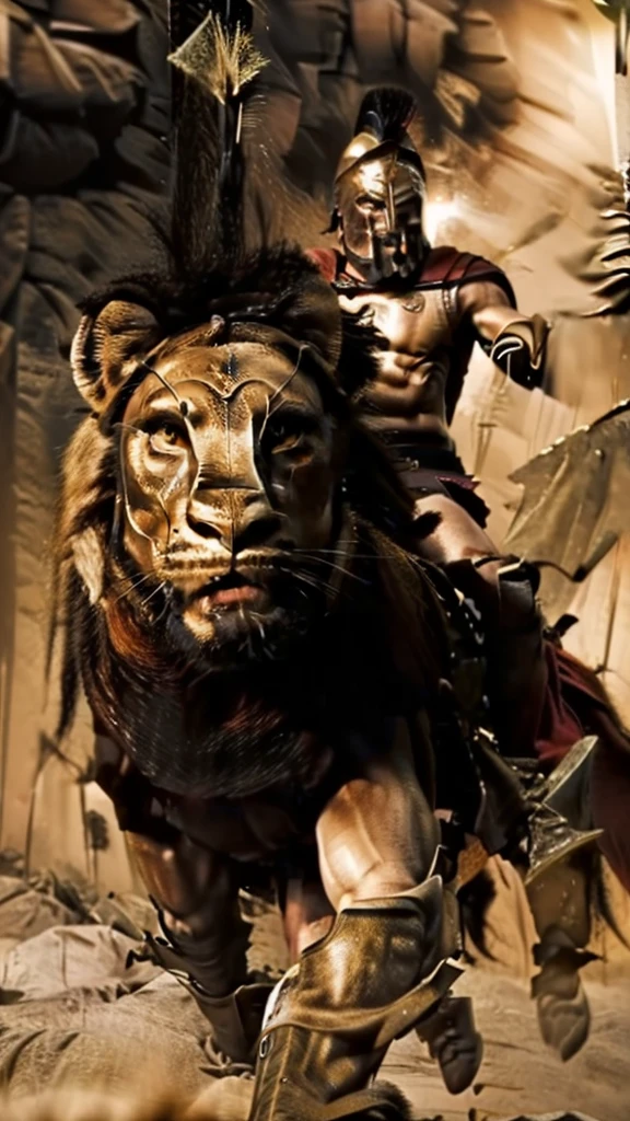 arafed man riding a lion with a sword and a helmet on, the man riding is on the lion, lion warrior, biblical epic movie, aslan the lion, scene from live action movie, maximus jacobs, epic vfx shot, lord of the jungle, still from a live action movie, epic action scene, lions, in screenshot from the 300 movie