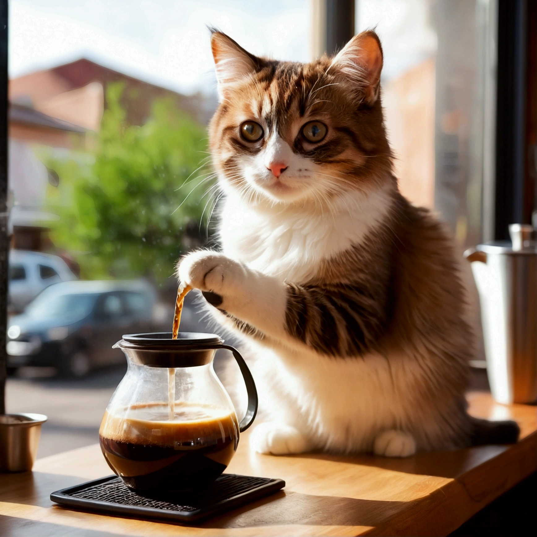 Cute cat with round eyes, At the coffee shop , sunshine outside the window. A cute Kitten working as a barista, holding a pour-over carafe in one hand and slowly pouring water over coffee grounds with a focused expression. Realistic photo with a blurred background.