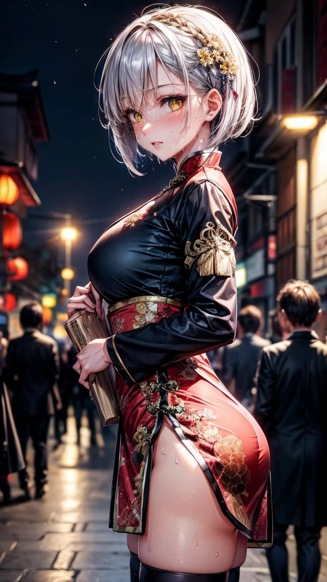 Young girl 22 years old, short silver bob hair, hair flower, sharp bangs between the eyes, yellow  eyes, eyes large, ((traditional chinese imperial clothes black with gold details,)) red skirt, black thigh high socks. slenderbody. view from side, side point of view, on the street of a Japanese city, at night, with full moon in the background, light reflecting on the sexy and sweaty body. (((sweat)))