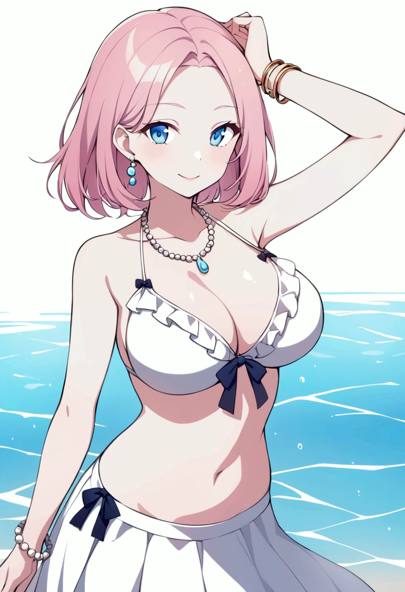 slender, mature female,jewelry, bracelet, 1girl, short hair, pink_hair, breasts, cleavage, blue_eyes, necklace, looking_at_viewer, bead_bracelet, parted_bangs, beads, bare_shoulders, earrings, swimsuit, white_bikini, solo, large_breasts, bangs, bikini, collarbone, frills, skirt, water, crop_top, smile, very_long_hair, pearl_bracelet, bangle, sidelocks, midriff, arm_up, closed_mouth, forehead, navel, standing, cowboy_shot, sleeveless, frilled_bikini, stomach, lips, eyebrows_visible_through_hair, white_skirt,