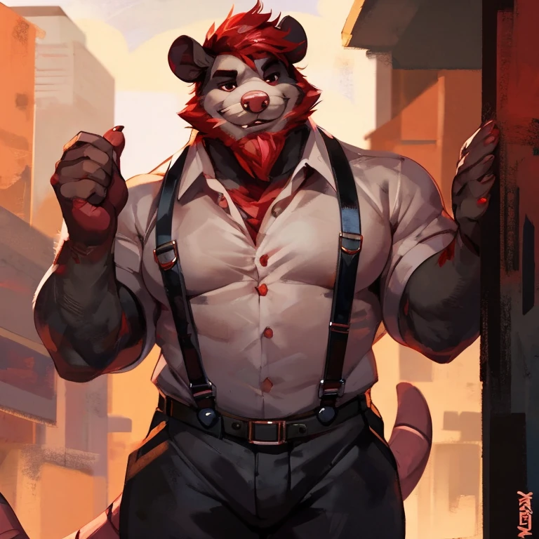 Solo, Medium muscular, Possum, short blood red hair, blood red beard, Very short blood-red mustache, blood red chest fur, Dark gray fur and Cream color, pinkish red and black eyes, shirt and pants with suspenders, By mystikfox61