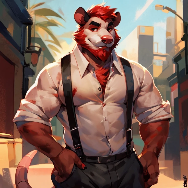 Solo, Medium muscular, Possum, short blood red hair, blood red beard, Very short blood-red mustache, blood red chest fur, Dark gray fur and Cream color, pinkish red and black eyes, shirt and pants with suspenders, By mystikfox61