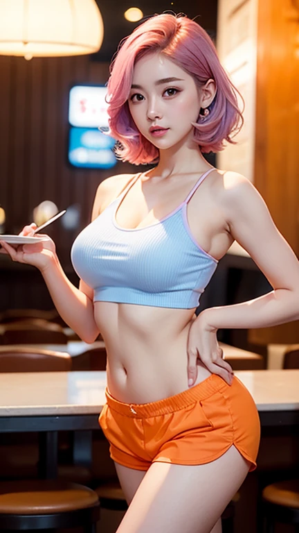 young woman is waitress perfect slim shape, beautiful belly breasts and large breasts, chest press together with wavy short blue-pink hair ,Fair-white skin, wearing crop top and tiny orange short pants , elegant pose, in restaurant background