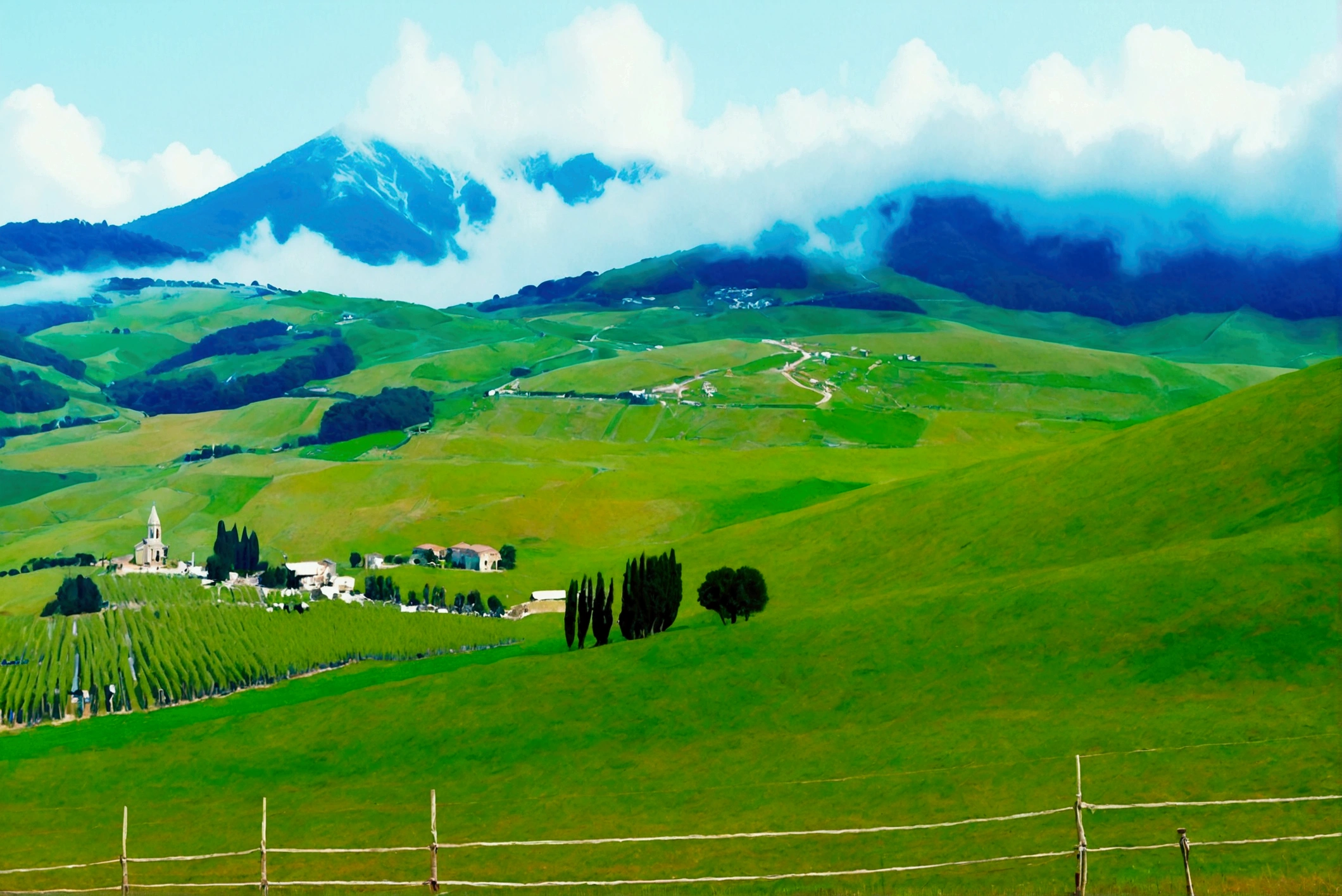 beautiful scenery, 8K Top Quality, Vivid picture quality, 1 woman, Beautiful 46-year-old Korean woman, slight wrinkles around the eyes, Chest size 34 inches, Model-level beautiful woman, italian countryside dawn, vineyard, The cathedral can be seen in the distance in a thick fog.. Red sunshine, The background is realistic and vivid quality.., short medium bob hair, T-shirt that goes up to the neck, Luxury brand windbreaker jacket, Perfect and realistic photos, The background is realistic.. Full body shot with Canon camera 16-35 wide angle lens, expressionless, Climbing a hill covered in thick fog, walking towards the front camera