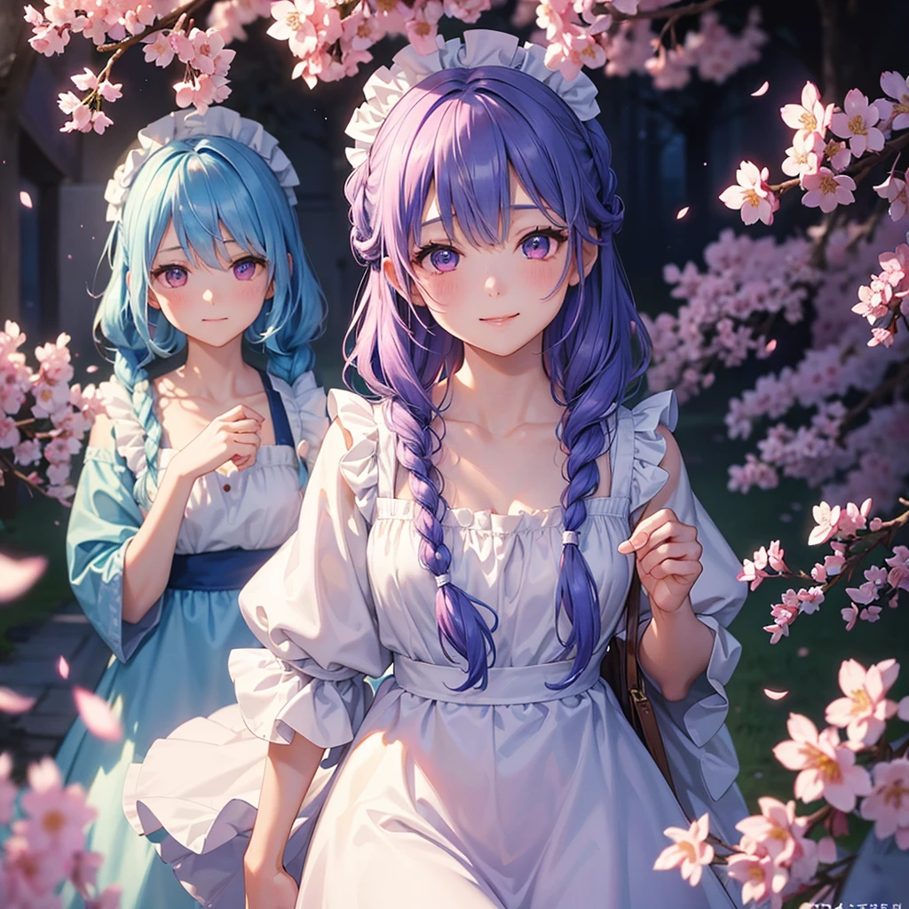 (Sky blue medium hair),(Braided hair tied together)、Pink eyes、Fair skin、(whole body)、(One Girl)、(Maid clothes)、Cherry Blossoms at Night、A big smile、、(masterpiece、Highest quality、Very detailed、Best Shadow)、(Detailed Background)、(Beautifully detailed face)、High contrast、(Best lighting、Very delicate and beautiful)、((Cinematic Light))、colorful、Hyper Detail、Dramatic Light、Exquisite detail、