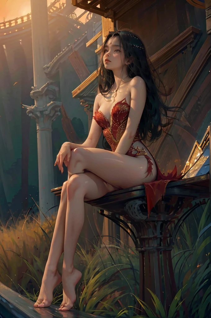 ((aeolian)), 1 girl, beautiful face, Princess, (wearing a torn red gown), very long black hair, slim body with long legs, shiny skin, forest background, small bare feet, camera view from the side, full body view, sitting on table with her legs up