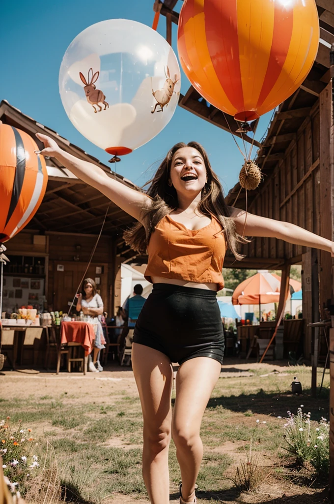 carrots and rabbits fly in the air around balloons 