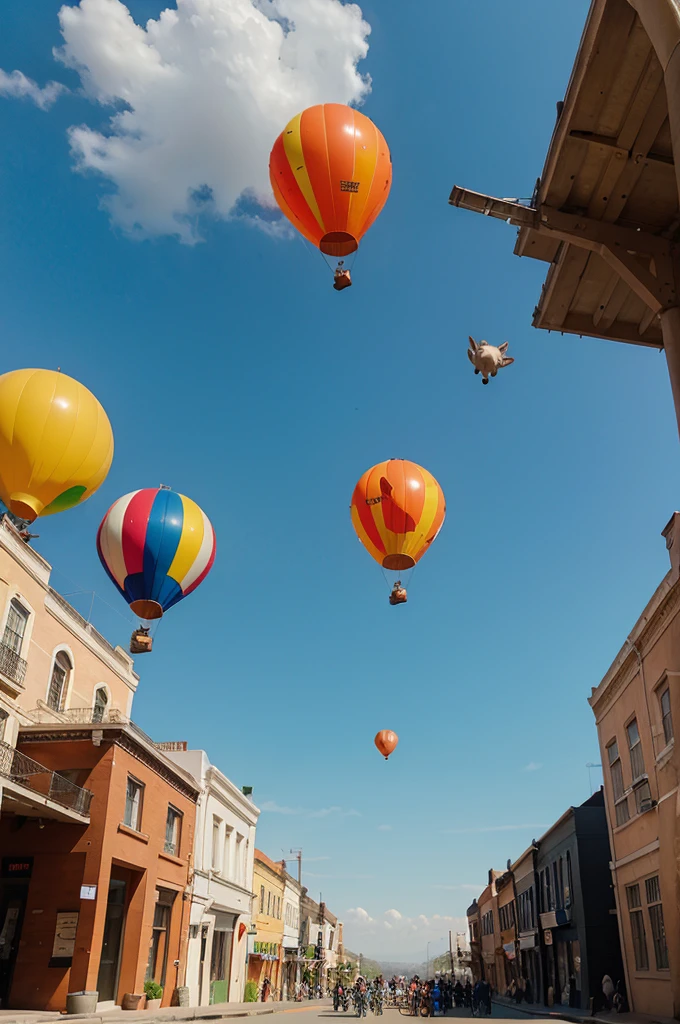 carrots and rabbits fly in the air around balloons