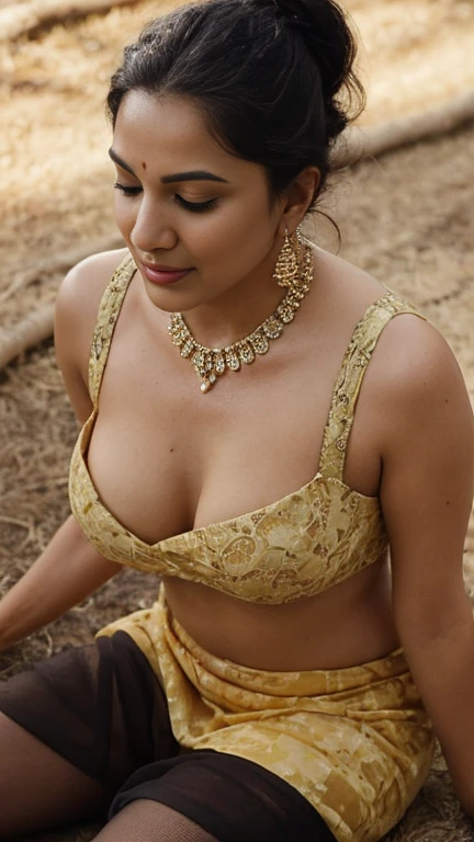 night scene, extreme close up photo of sexy indian from top view, big cheeks, curvy, hourglass figure, swooping breasts, deep cleavage, open arms, sexy armpits, kneeling on big pumpkins in a farm, ponytail, necklace, yellow green Brasil Flag Print Contrast Binding Cami saree, seductive eyes, look at viewer and subtle smile, sultry, (cinematic:1.3), intricate details, (ArtStation:1.2)