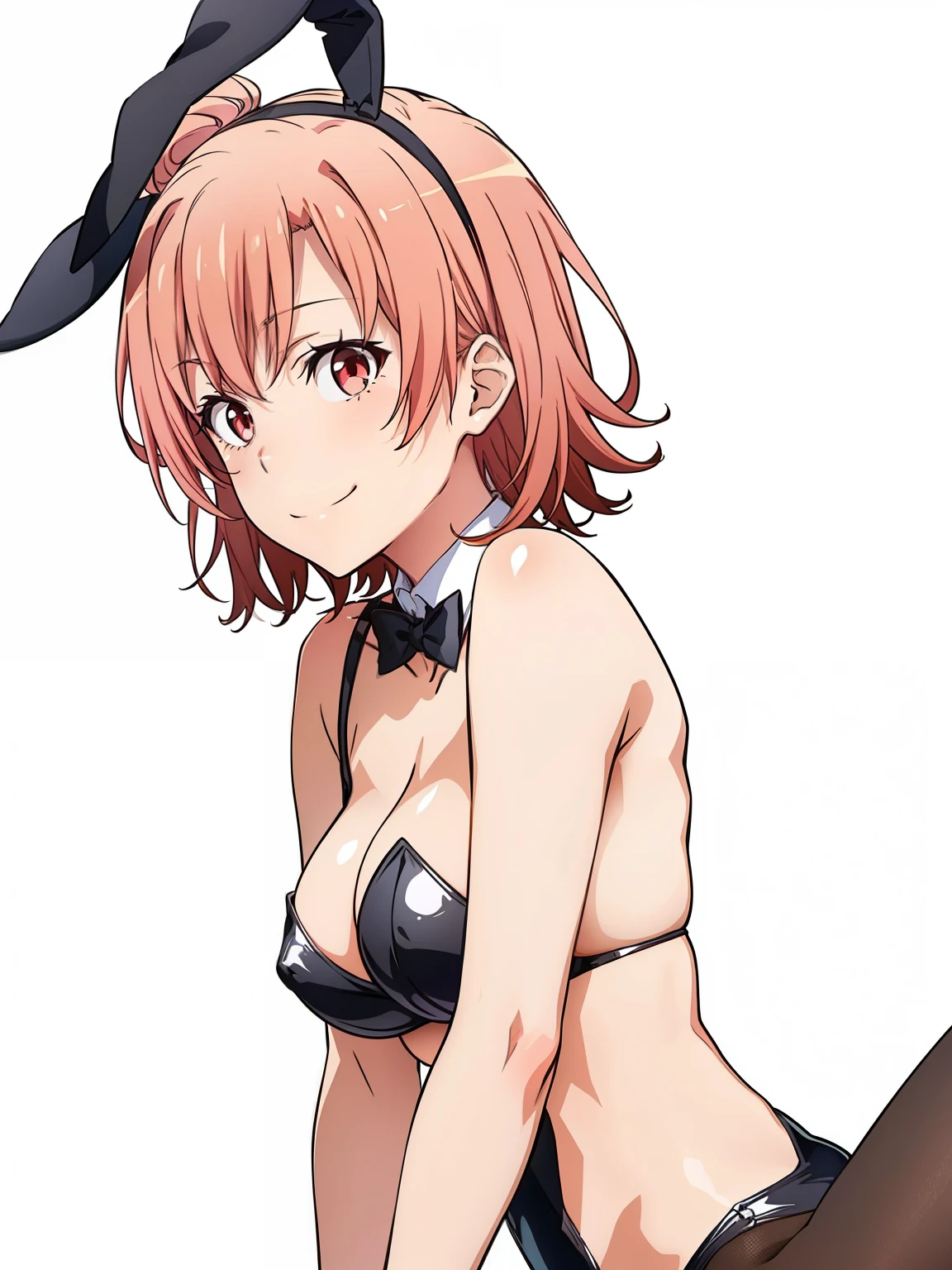 ((masutepiece, Best Quality, hight resolution, nffsw, Perfect Pixel, depth of fields, 4K, )), 1girl in, Solo, , Beautiful anime girl, Beautiful Art Style, close up, Looking at Viewer, Perfect body, side shot, Yuigahama Yui, Short hair, pink hair, hairbun, (large boob), sitting, black playboy bunny outfit, smile, hands on knees, blank white background