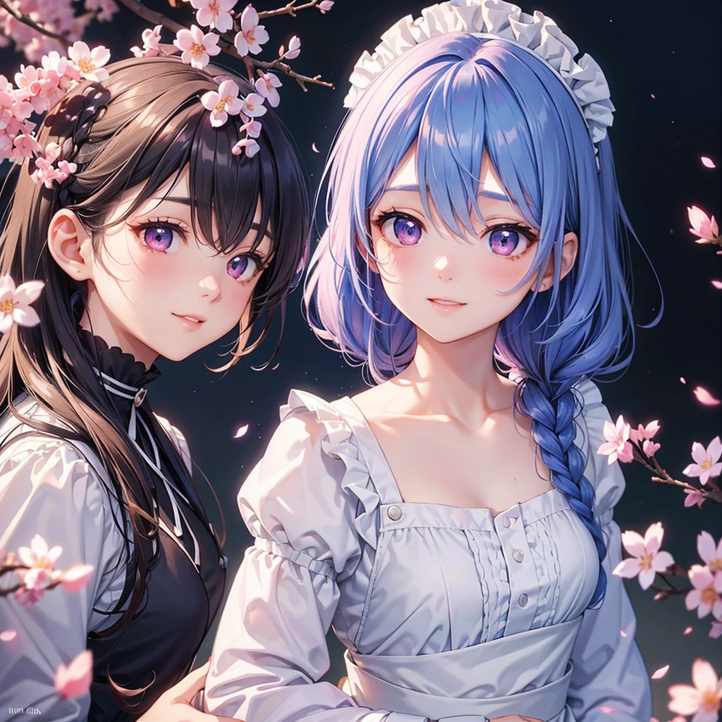 (Sky blue medium hair),(Braided hair tied together)、Pink eyes、Fair skin、(whole body)、(One Girl)、(Maid clothes)、Cherry Blossoms at Night、A big smile、、(masterpiece、Highest quality、Very detailed、Best Shadow)、(Detailed Background)、(Beautifully detailed face)、High contrast、(Best lighting、Very delicate and beautiful)、((Cinematic Light))、colorful、Hyper Detail、Dramatic Light、Exquisite detail、