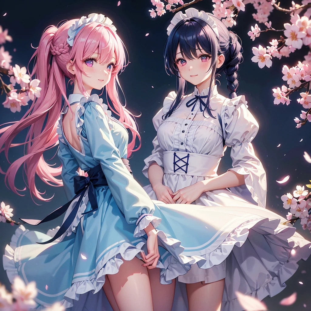 (Sky blue medium hair),(Braided hair tied together)、Pink eyes、Fair skin、(whole body)、(One Girl)、(Maid clothes)、Cherry Blossoms at Night、A big smile、、(masterpiece、Highest quality、Very detailed、Best Shadow)、(Detailed Background)、(Beautifully detailed face)、High contrast、(Best lighting、Very delicate and beautiful)、((Cinematic Light))、colorful、Hyper Detail、Dramatic Light、Exquisite detail、