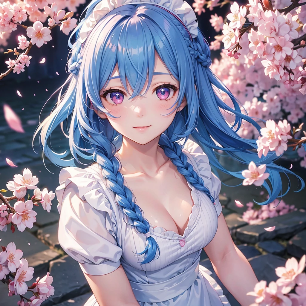 (Sky blue medium hair),(Braided hair tied together)、Pink eyes、Fair skin、(whole body)、(One Girl)、(Maid clothes)、Cherry Blossoms at Night、A big smile、、(masterpiece、Highest quality、Very detailed、Best Shadow)、(Detailed Background)、(Beautifully detailed face)、High contrast、(Best lighting、Very delicate and beautiful)、((Cinematic Light))、colorful、Hyper Detail、Dramatic Light、Exquisite detail、