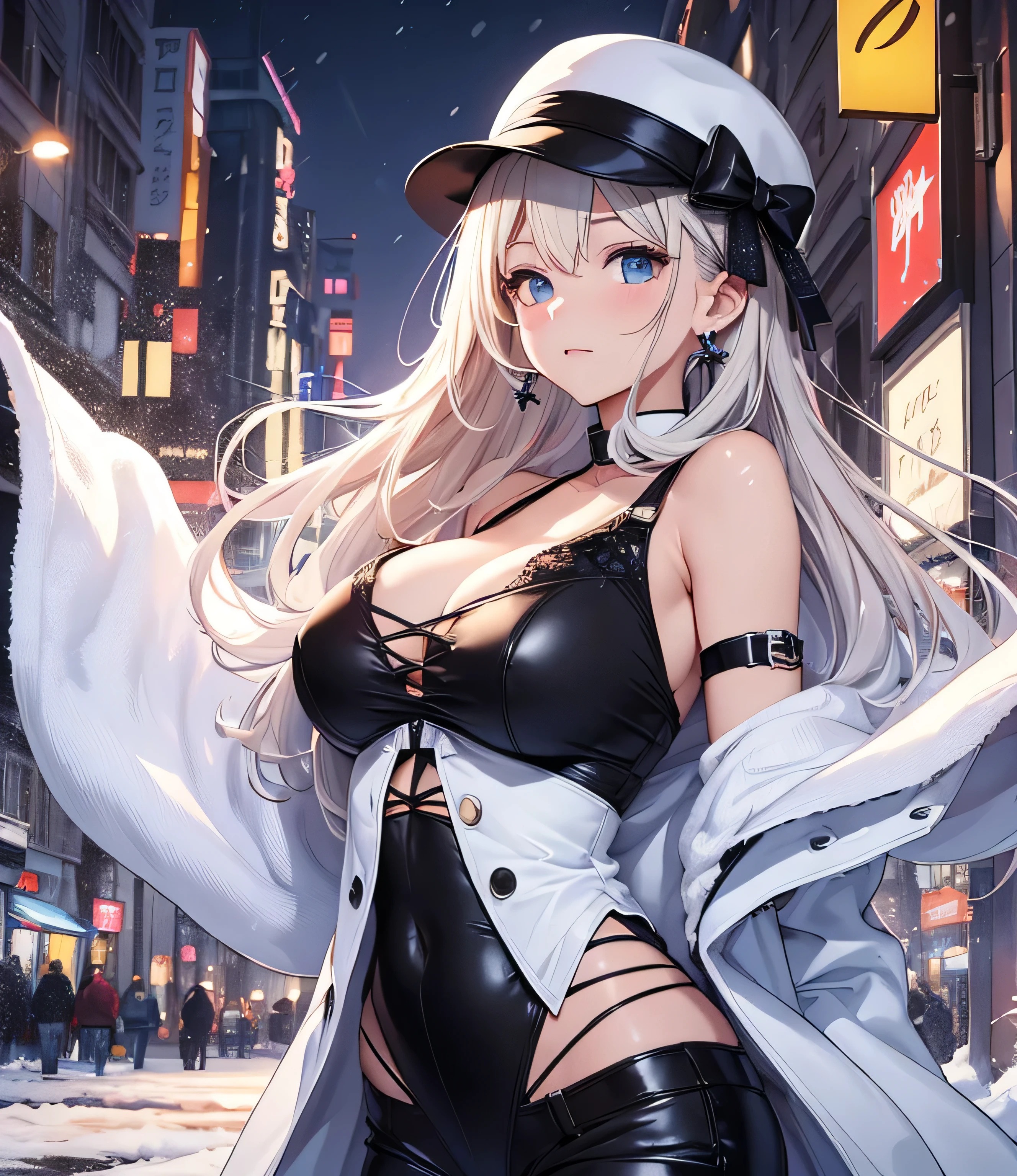 top-quality、Top image quality、masterpiece、girl with((Black tank top、White coat、Black leather pants、sixteen years old、 ager、cute little、Best Bust、big bast,Beautiful light blue eyes、Breasts wide open, a blond、A slender,Large valleys、belligerent movements,Hugging gestures、dye one's cheeks red、shivering、sapphire earrings、Exhale white、Hats、Cold face)),hiquality、Beautiful Art、Background with((ice burn city、snowflakes falling、Heavy snow fallasutepiece、depth of fields,8K