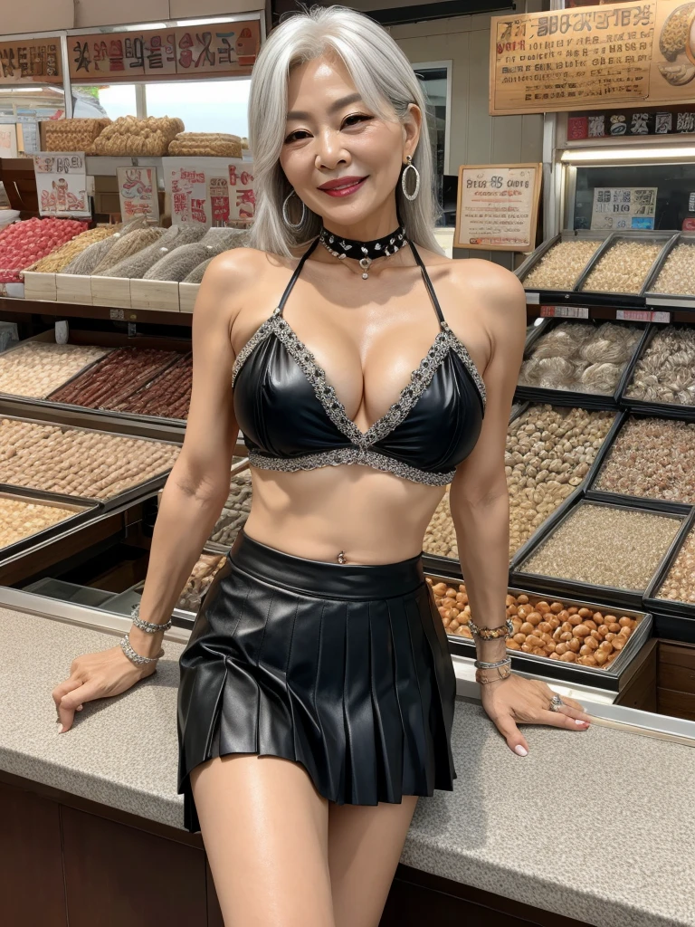 60 years old mom milf Korean, Lady large earring Big choker navel piercing decoration A bracelet Silver Hair realisitic Gorgeous Madame Beautiful Mature Woman sexly Smile Gentle woman navel piercing 4K High quality fish shop Fish Market sale Black leather pleated skirt
