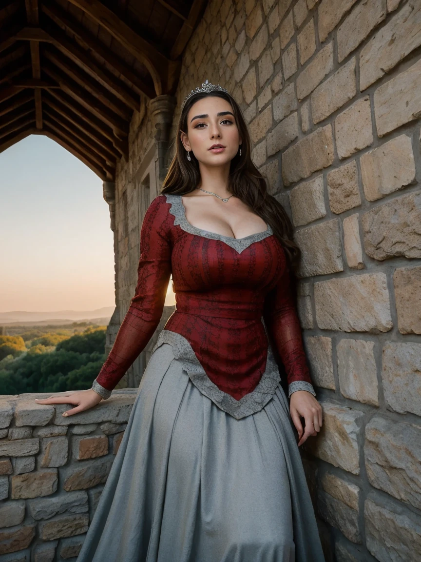 Beautiful and regal, imperious and aloof, busty athletic (thin) brunette queen with sharp facial features wearing a modest updo, dark red medieval dress, long sleeves, intricate patterns, embroidery, wide neck, crown, veil, long dress, modest dress, tight bodice, (silver waist chain), medieval jewelry, Middle Ages, castle, rampart, wall, exterior, on top of a castle wall, trees, countryside, evening, sunset.