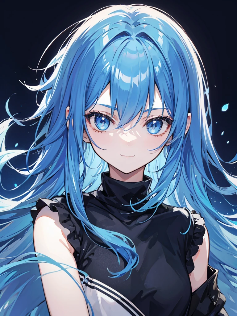 blue hair, long hair, portrait, casual look, girl, Honest and cool, transparent background, small smile, flowing black jumper