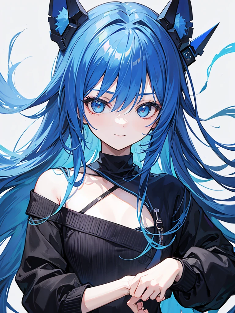 blue hair, long hair, portrait, casual look, girl, Honest and cool, transparent background, small smile, flowing black jumper