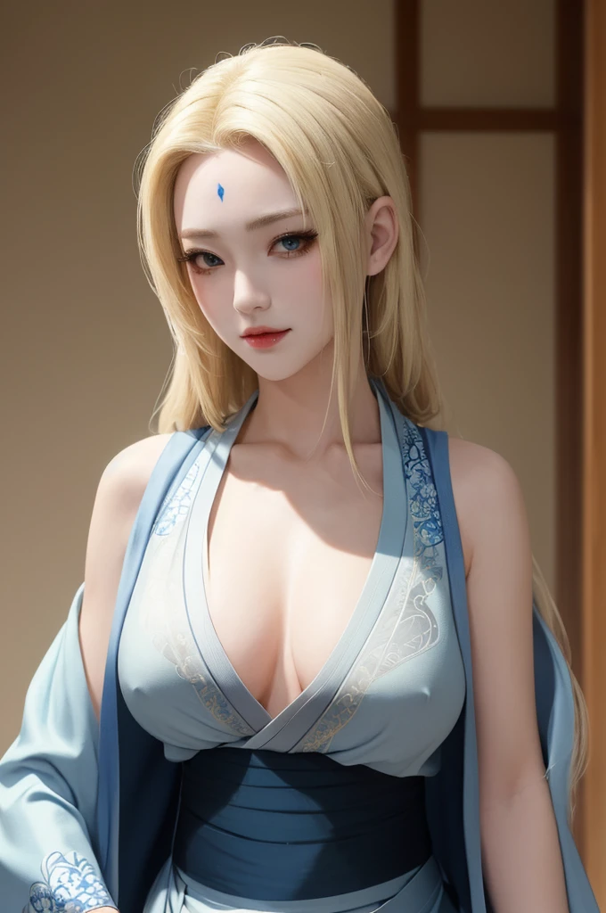 highres, sharp focus, pixiv masterpiece, ((intricate details)), highly detailed, upper body, 1girl, mature, blonde hair, blue forehead mark, sleeveless kimono, sash, tsunade_senju,