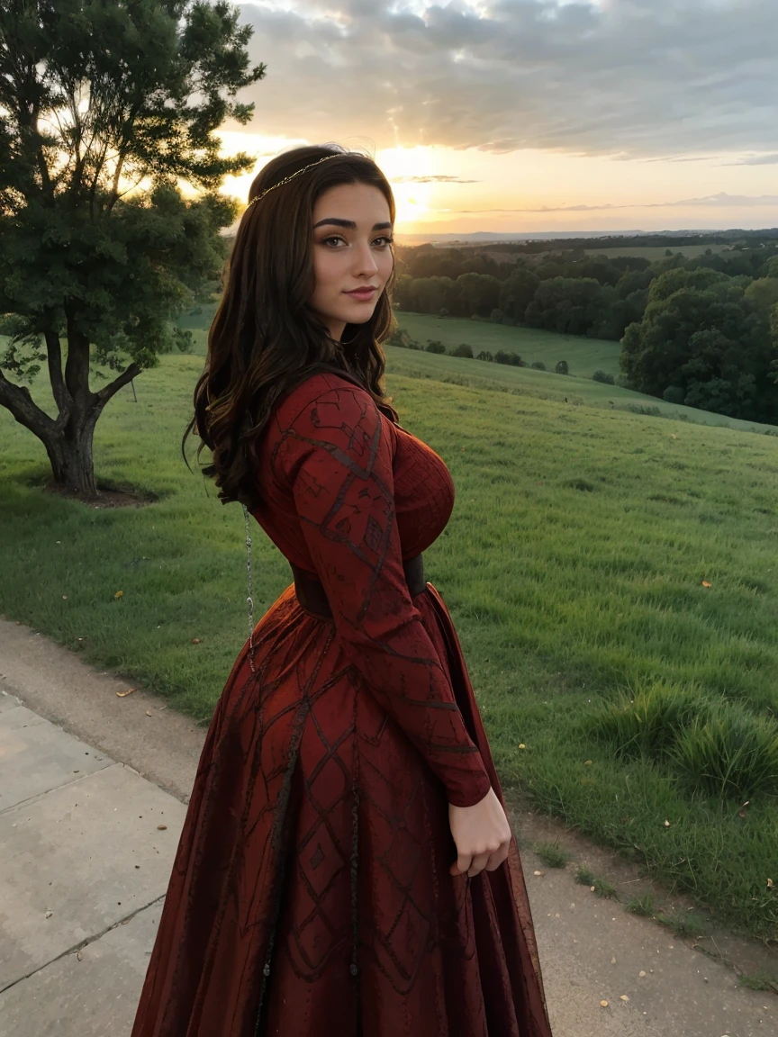 Gorgeous and sultry busty athletic (thin) brunette queen with sharp facial features wearing a modest updo, dark red medieval dress, long sleeves, intricate patterns, embroidery, wide neck, crown, veil, long dress, modest dress, tight bodice, (silver waist chain), medieval jewelry, Middle Ages, castle, rampart, wall, exterior, on top of a castle wall, trees, countryside, evening, sunset.