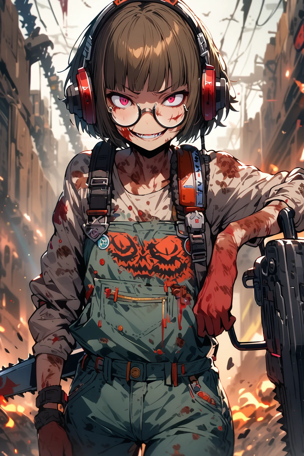 (extremely detailed fine touch:1.3), (((semi-rimless round eyewear:1.3))), (headphone:1.2), short hair, blunt bangs, 1 girl, cowboy shot, evil smile, overalls., holding chainsaw, Bloody skin, dirty skin,
