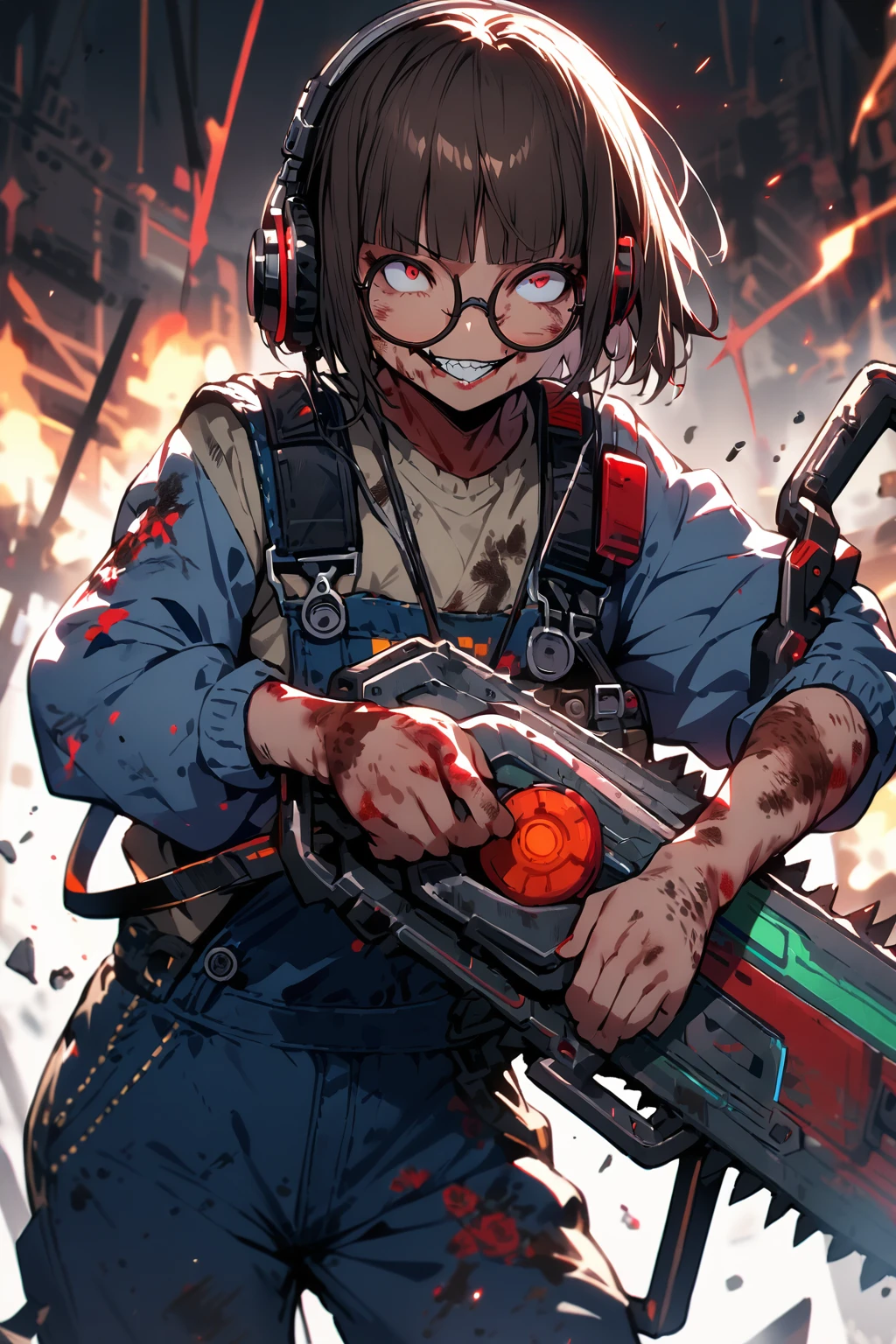 (extremely detailed fine touch:1.3), (((semi-rimless round eyewear:1.3))), (headphone:1.2), short hair, blunt bangs, 1 girl, cowboy shot, evil smile, overalls., holding chainsaw, Bloody skin, dirty skin,