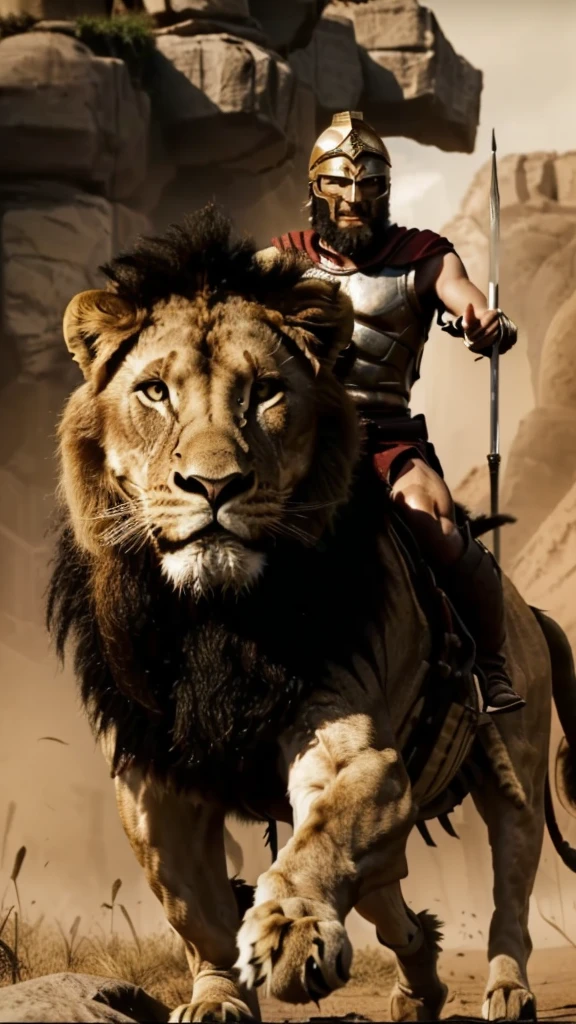 arafed man riding a lion with a sword and a helmet on, the man riding is on the lion, lion warrior, biblical epic movie, aslan the lion, scene from live action movie, maximus jacobs, epic vfx shot, lord of the jungle, still from a live action movie, epic action scene, lions, in screenshot from the 300 movie