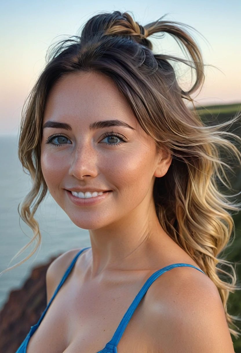 Instagram of hot mature woman 25 years old full body with hair tied in a ponytail and dark layers falling over her face, beautiful face, perfect body, saggy and round medium breasts, slutty smile, firm skin, standing on a holland cliff. Posing for a photo of her, she is wearing a transparent and translucent mini top that reveals her areolas and long nipples, exposing her nipples and areolas, the view of her is from behind looking at her big ass she. Beauty that leaves you speechless, perfect face and body, attractive, beautiful hair, beautiful milf, charming mature, beautiful 25 year old, beautiful 25 year old milf with dark hair with blue highlights at the tips, beautiful body and detailed face, a beautiful milf, bottom of a cliff in holland, golden hour,