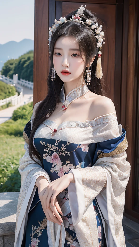 source_photo, realistic, nsfw, ruanyi0766, A portrait of a graceful Chinese maiden clad in an elegant Hanfu from the Northern and Southern Dynasties. The Hanfu's black dress boasts an off-shoulder neckline and flowing wide sleeves, complemented by exquisite jewelry. The backdrop showcases a picturesque ancient Chinese landscape.